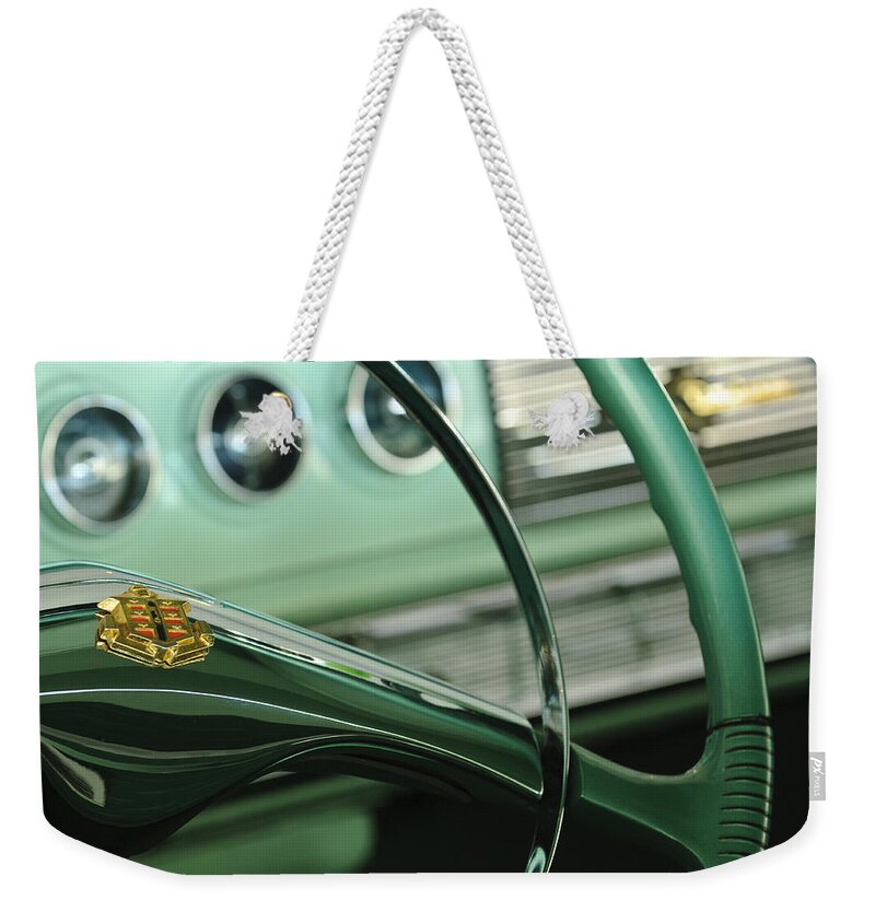 1956 Dodge Coronet Weekender Tote Bag featuring the photograph 1956 Dodge Coronet Steering Wheel by Jill Reger