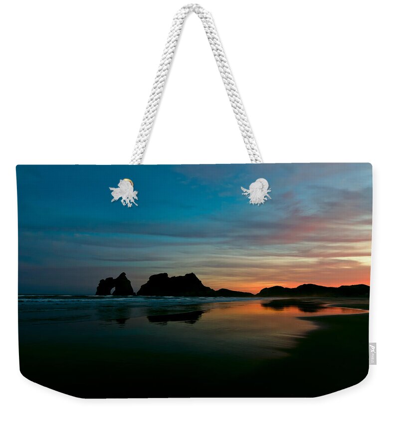 Background Weekender Tote Bag featuring the photograph Golden morning at a beach #2 by U Schade