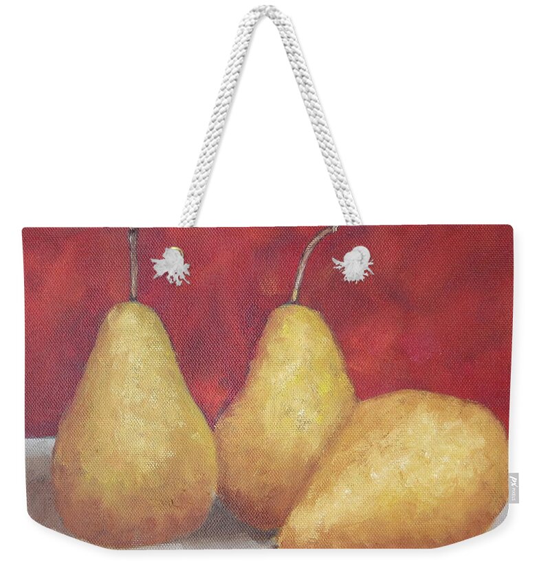 Pears Weekender Tote Bag featuring the painting 3 golden Pears on red by Patricia Cleasby