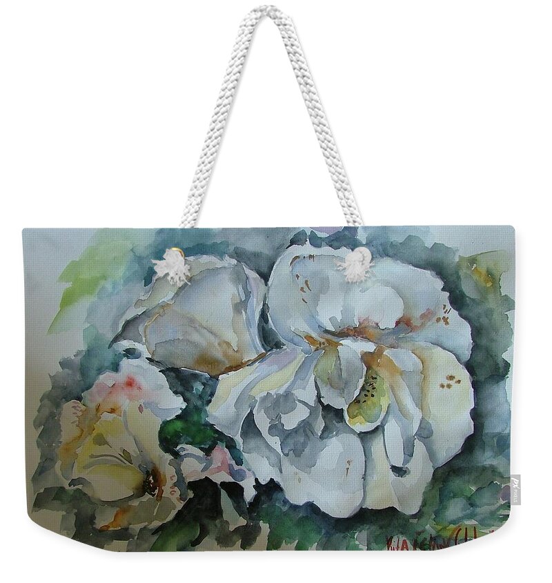 Leaves Weekender Tote Bag featuring the painting White Flowers #1 by Rita Fetisov