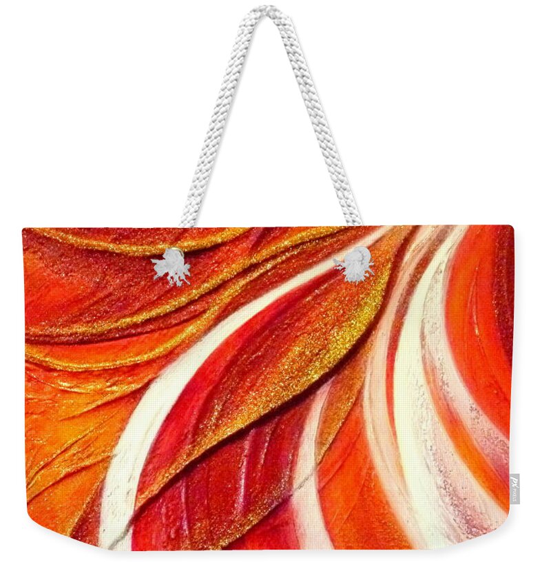 Light.dance.sun.sunrise.sunshine.energy.sky.positive.brilliant.movement.passion.hope.red.gold.orange.white.yellow.bronze.colorful Weekender Tote Bag featuring the painting Light dance by Kumiko Mayer
