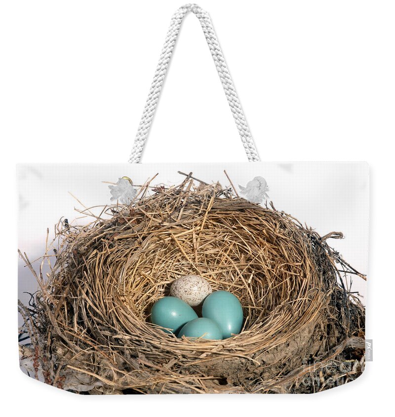 American Robin Weekender Tote Bag featuring the Robins Nest And Cowbird Egg #6 by Ted Kinsman