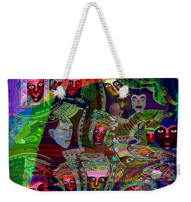 636 Weekender Tote Bag featuring the painting 636 People Masks by Irmgard Schoendorf Welch