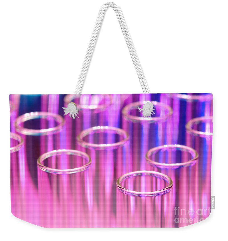 Test Weekender Tote Bag featuring the photograph Laboratory Test Tubes in Science Research Lab by Science Research Lab By Olivier Le Queinec