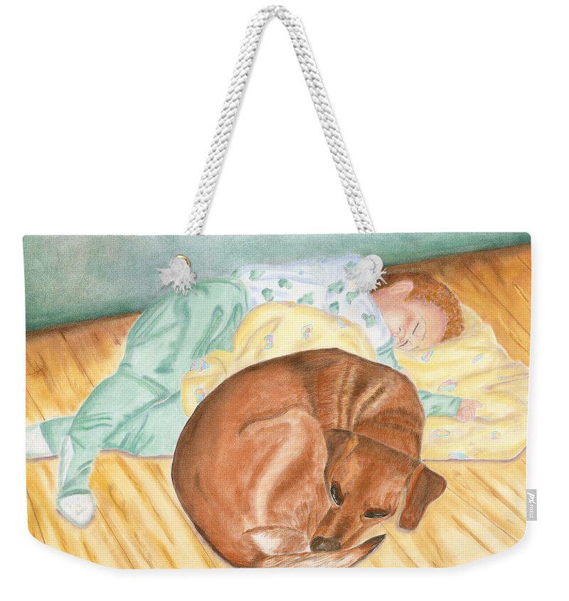 Baby Weekender Tote Bag featuring the painting A Dog and Her Boy by Arlene Crafton