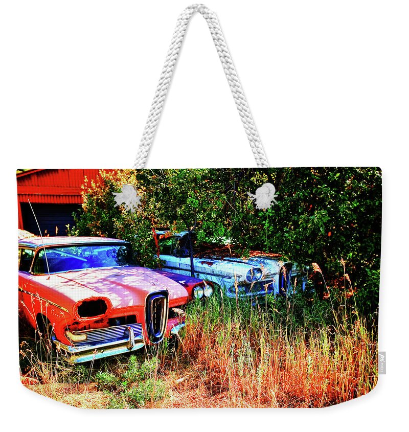 Edsel Weekender Tote Bag featuring the digital art A Fords Dream by Gary Baird