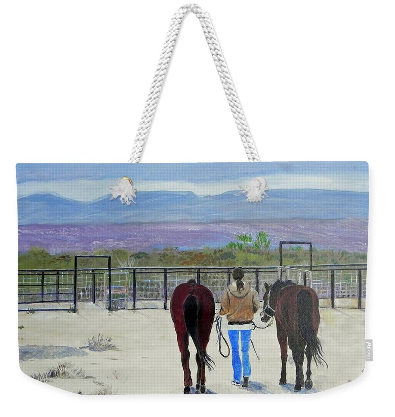 Horses Weekender Tote Bag featuring the painting Texas - A Good Ride by Christine Lathrop