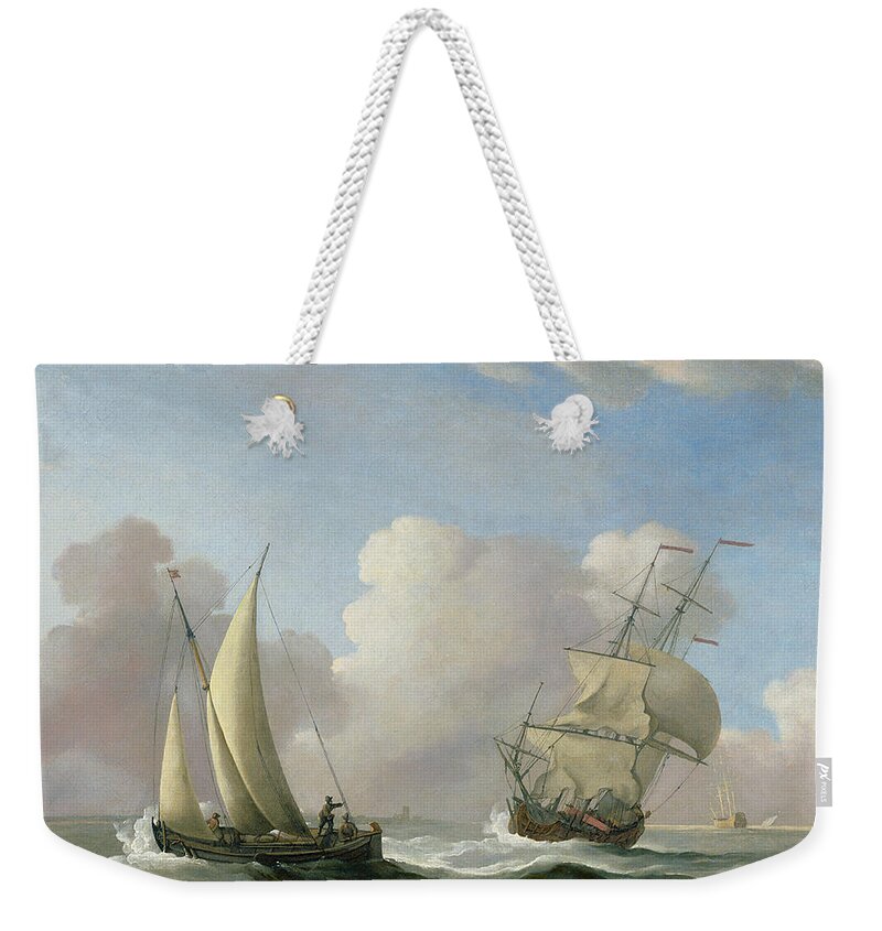 Ship; Ships; Ocean; Sea; Clouds; Waves Weekender Tote Bag featuring the painting A Man-o'-War in a Swell and a Sailing Boat by Peter Monamy