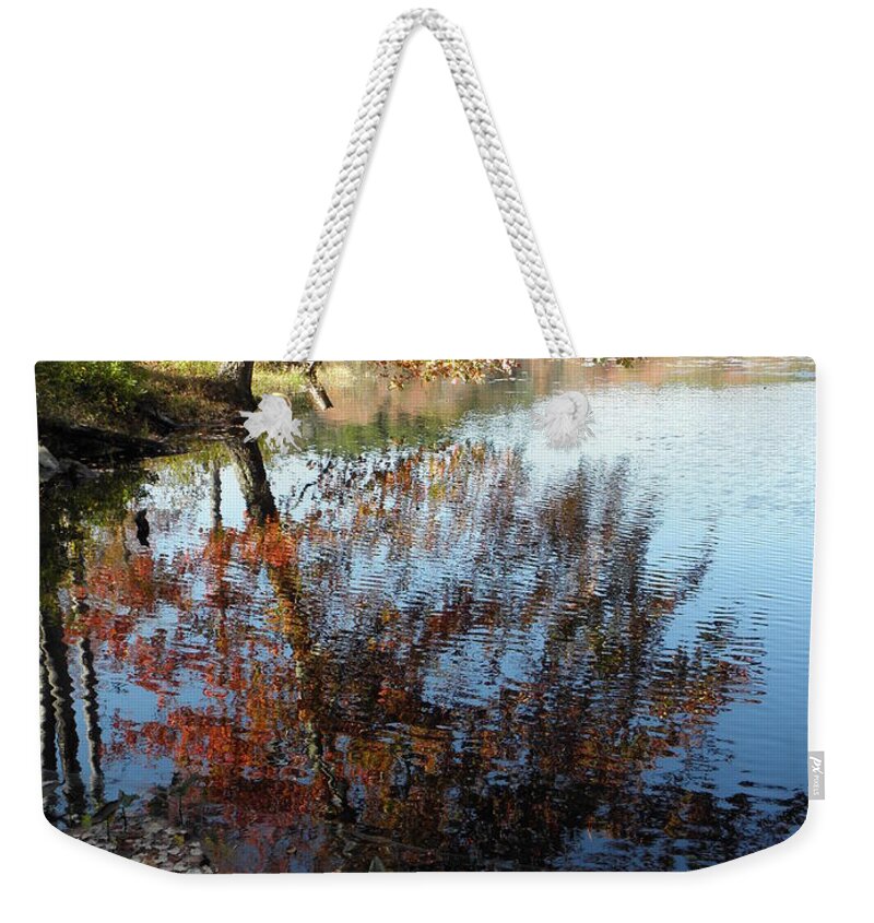 Reflection Weekender Tote Bag featuring the photograph A Trees Reflection And Fallen Leaves by Kim Galluzzo