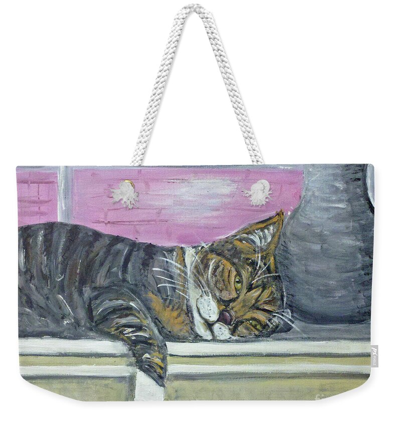 Cat Weekender Tote Bag featuring the painting Alex on Windowsill by Ania M Milo