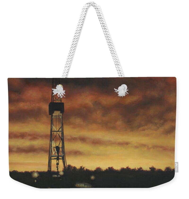 Drilling Rig In Sunset Weekender Tote Bag featuring the painting All Lit Up by Tammy Taylor