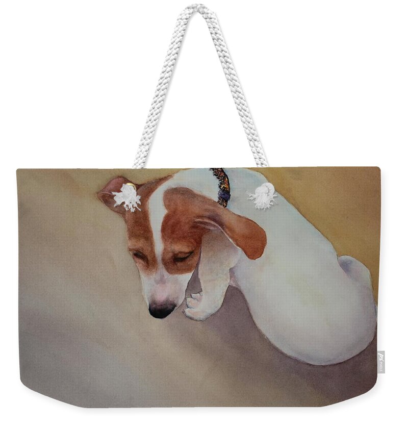 Puppy Weekender Tote Bag featuring the painting All Played Out by Ruth Kamenev