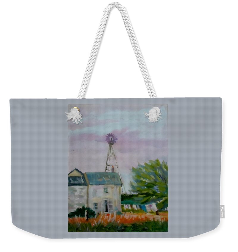 Landscape Weekender Tote Bag featuring the painting Amish Farmhouse by Francine Frank