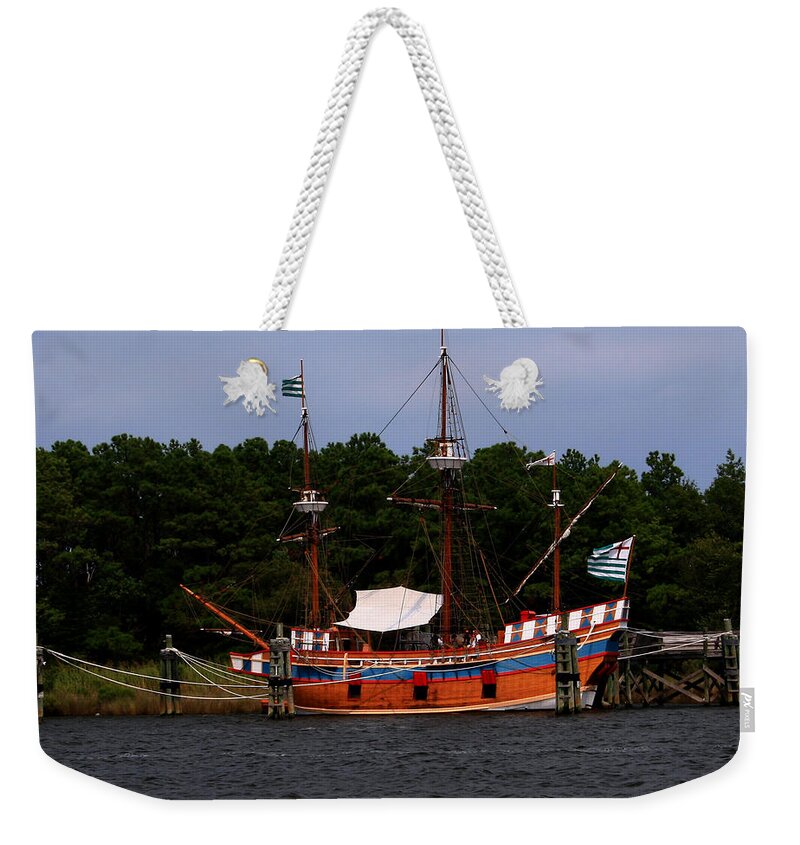 Ship Weekender Tote Bag featuring the photograph Anchored Ship by Karen Harrison Brown