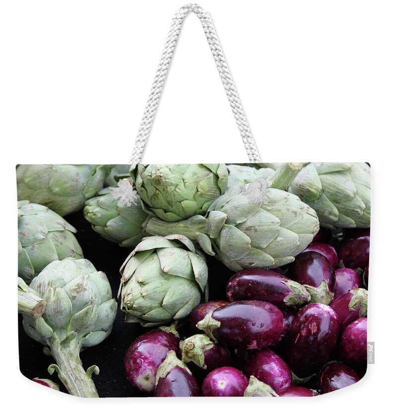 Artichokes Weekender Tote Bag featuring the photograph Artichokes and Eggplants by Portraits By NC