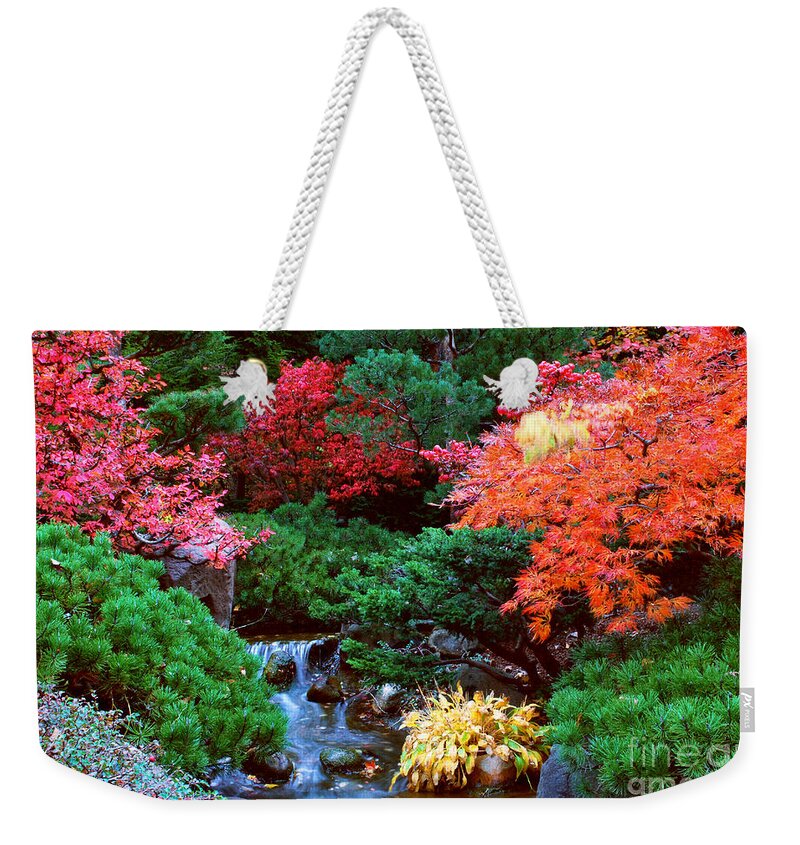 Garden Weekender Tote Bag featuring the photograph Autumn Garden Waterfall II by Nancy Mueller