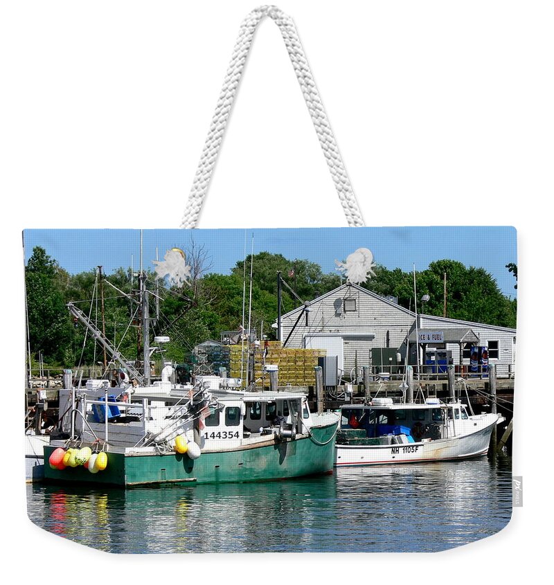 Boat Dock Pier Fishing Water Bay Sea Seaside Shore Weekender Tote Bag featuring the photograph Back From The Sea by Kevin Fortier