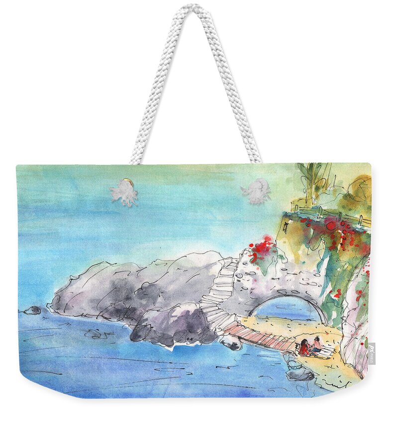Travel Art Weekender Tote Bag featuring the painting Beach by Agios Nicolaos by Miki De Goodaboom