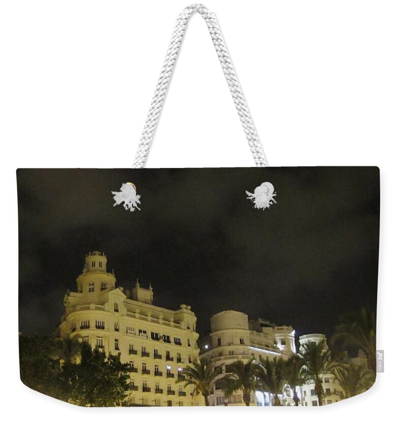 Valencia Weekender Tote Bag featuring the photograph Beautiful Valencia Square Architecture Night Life Street Lamp Poles II Spain by John Shiron