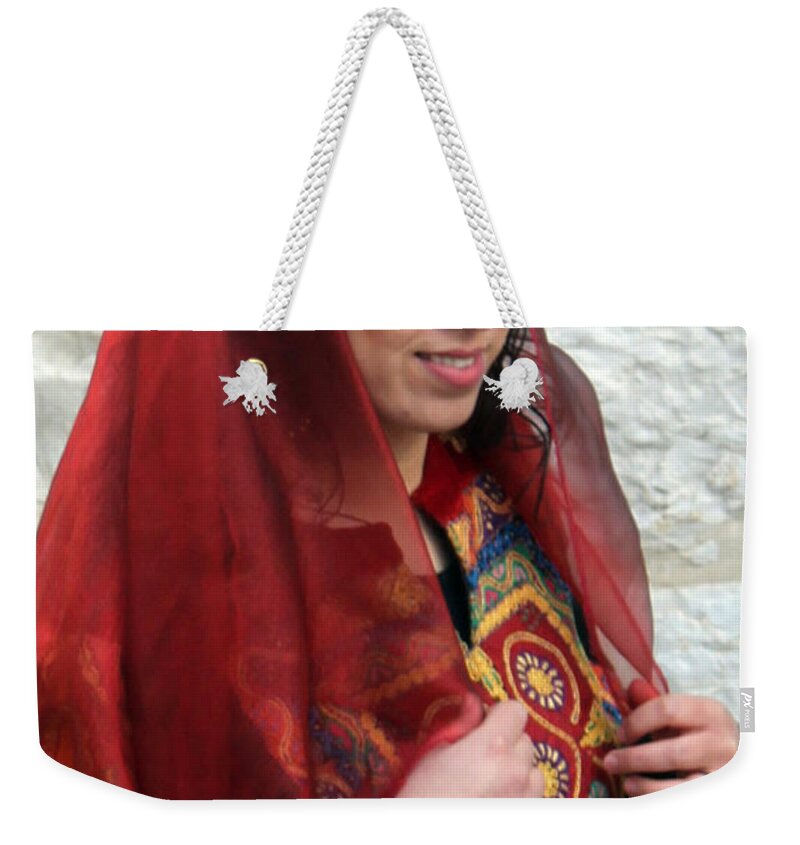 Bethlehem Weekender Tote Bag featuring the photograph Bethlehemite in Traditional Red Dress by Munir Alawi