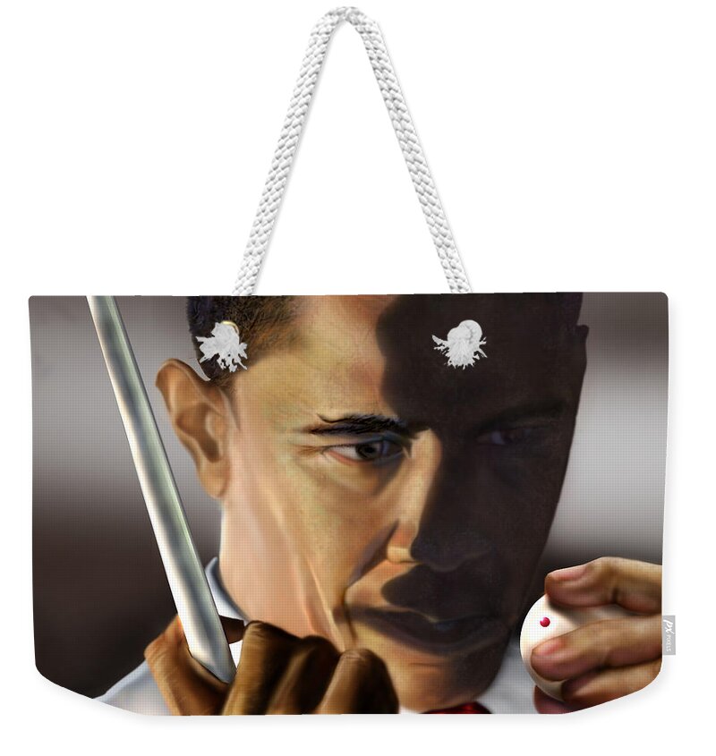 Pool Weekender Tote Bag featuring the painting Obama Beyond Shark Waters by Reggie Duffie