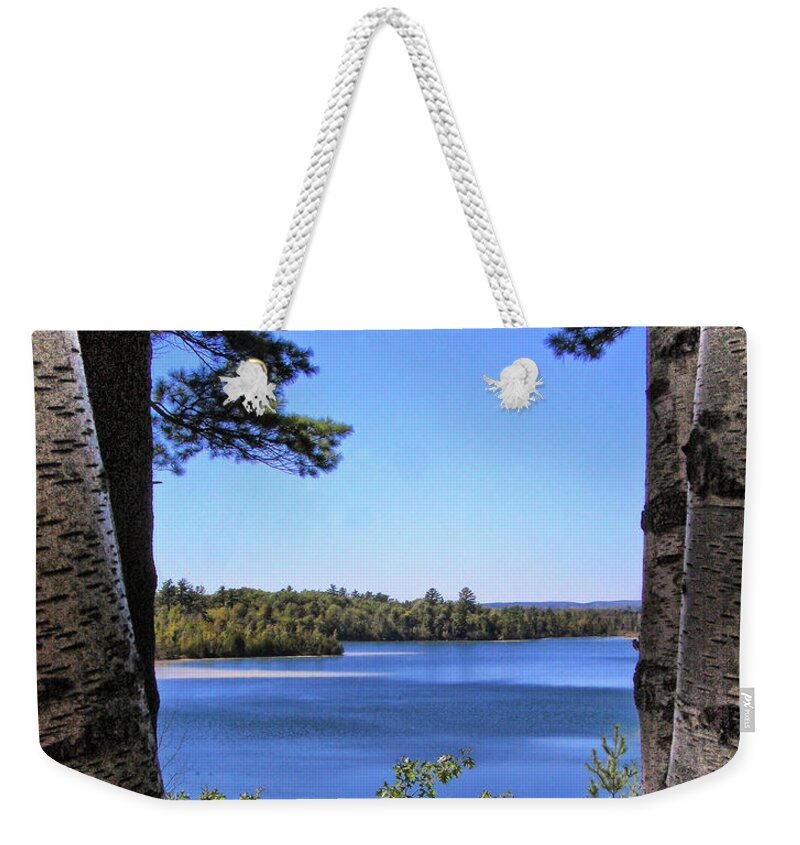 Rifle River Recreaction Area Lake Weekender Tote Bag featuring the photograph Birches by the Lake by Peg Runyan