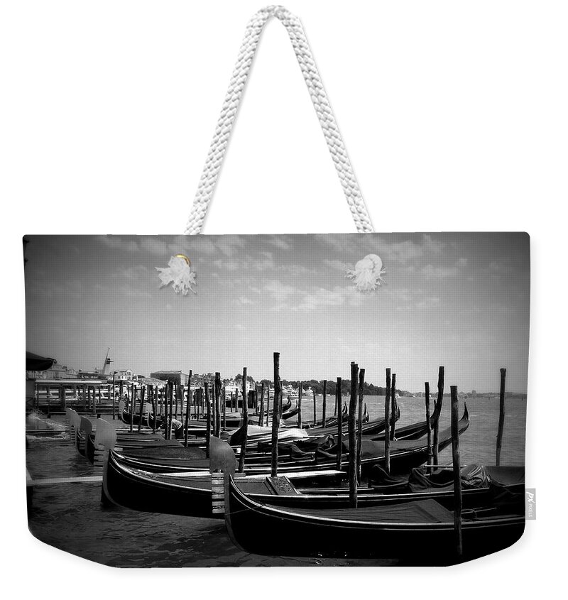 Venice Weekender Tote Bag featuring the photograph Black and White Gondolas by Laurel Best