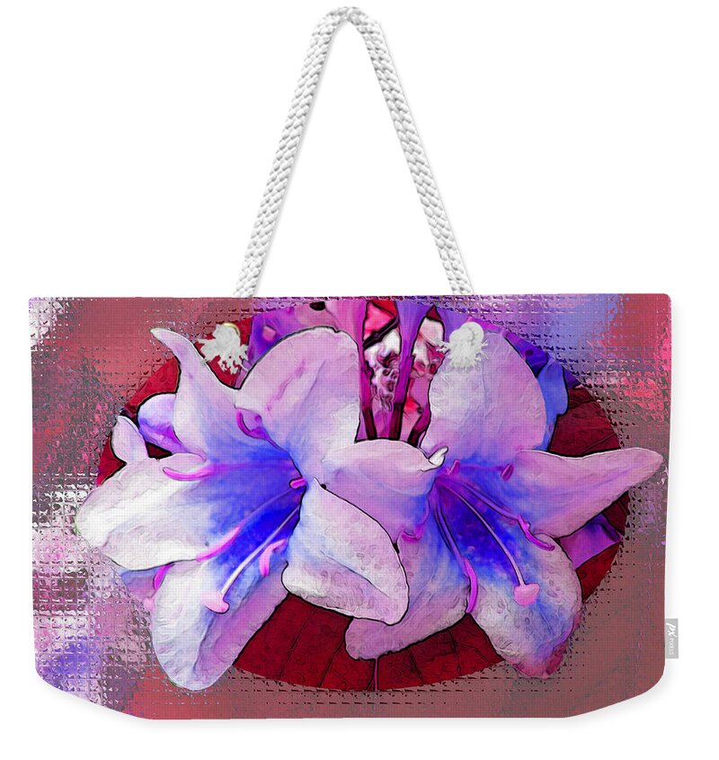 Flowers Weekender Tote Bag featuring the photograph Blue and Red Weigela Window by Debbie Portwood