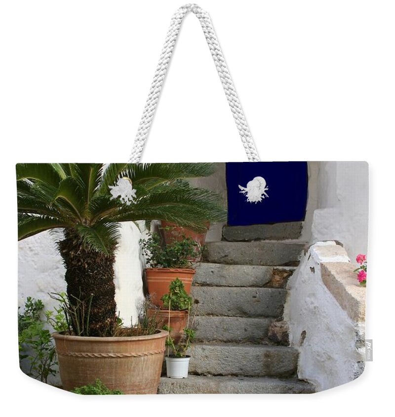 Door Weekender Tote Bag featuring the photograph Blue Door in Greece by Sabrina L Ryan
