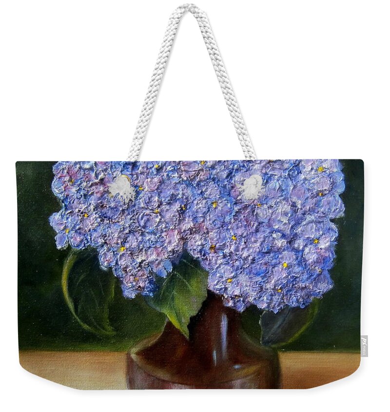 Flower Weekender Tote Bag featuring the painting Blue Hydrangea by Susan Dehlinger