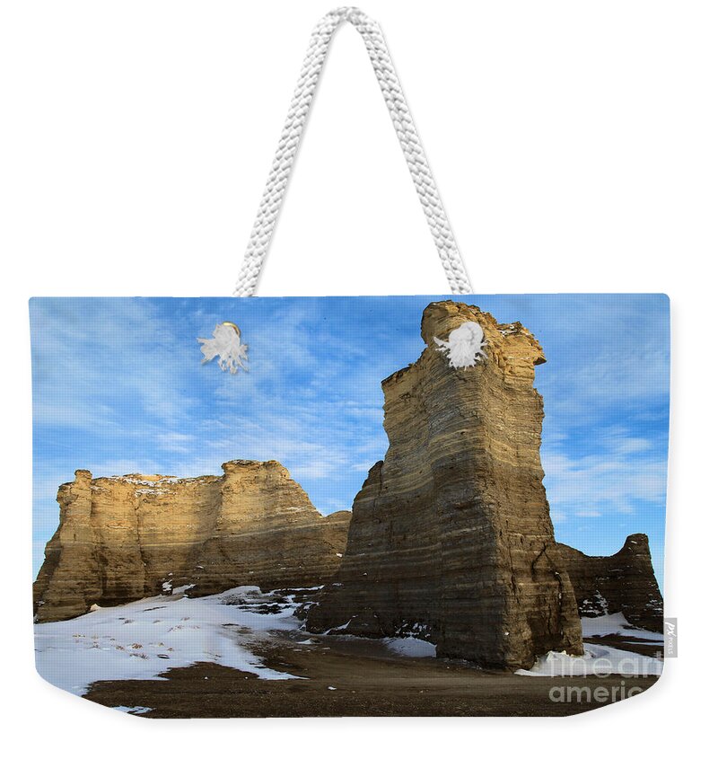 Monument Rocks Weekender Tote Bag featuring the photograph Blue Skies At Monument Rocks by Adam Jewell