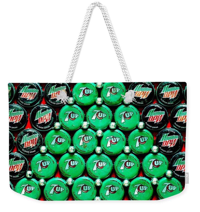 Christmas Weekender Tote Bag featuring the mixed media Bottle Caps Christmas Tree by Christopher Shellhammer