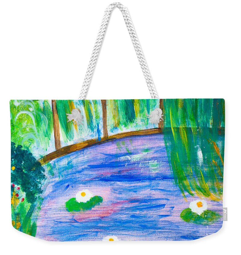Acrylic Weekender Tote Bag featuring the painting Bridge of lily pond by Simon Bratt