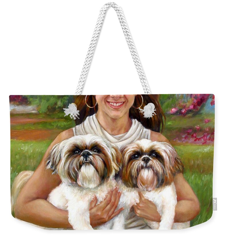  Weekender Tote Bag featuring the painting Brittany and her Shih Tzusu by Nancy Tilles