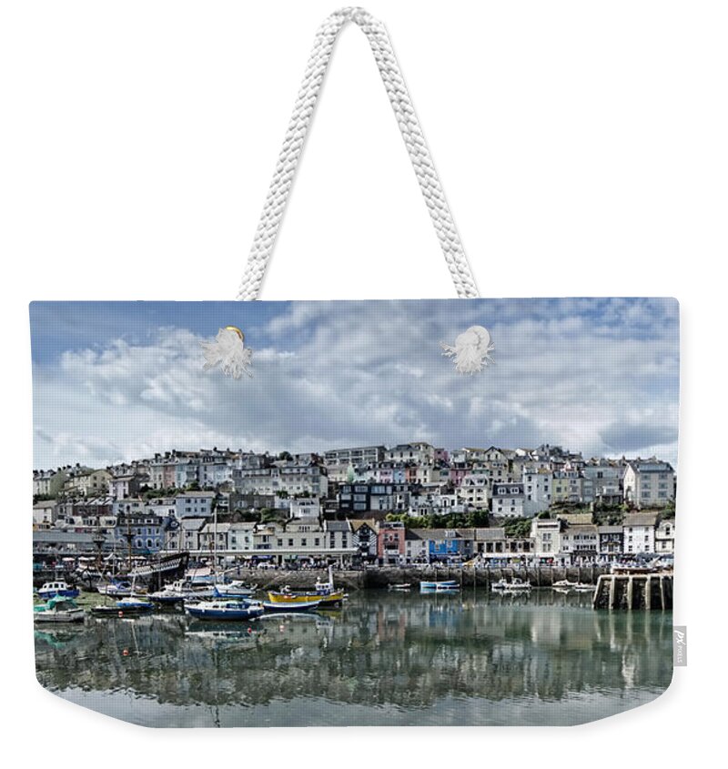 Brixham Weekender Tote Bag featuring the photograph Brixham Harbour - Panorama by Ann Garrett