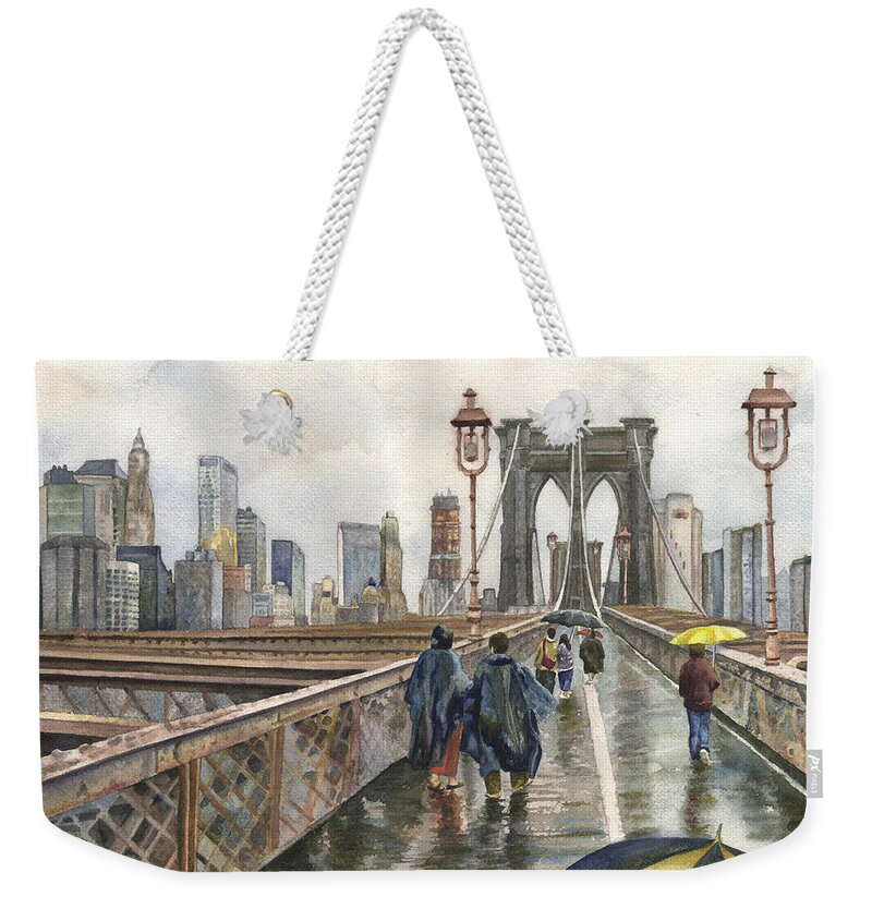 Brooklyn Bridge Painting Weekender Tote Bag featuring the painting Brooklyn Bridge by Anne Gifford