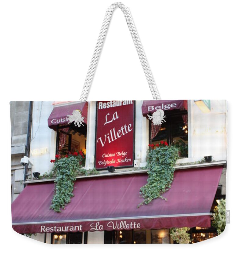 European Cafes Weekender Tote Bag featuring the photograph Brussels - Restaurant La Villette with Trees by Carol Groenen