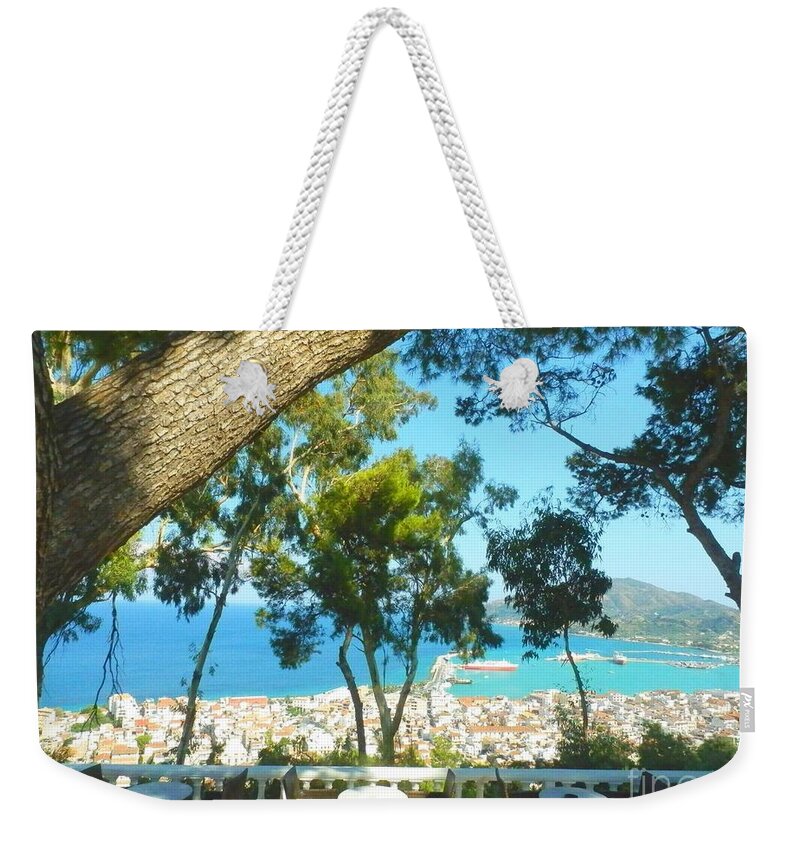 Zakynthos Weekender Tote Bag featuring the photograph Cafe Terrace At Bohali Overlooking Zante Town by Ana Maria Edulescu