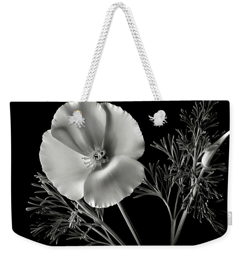 Flower Weekender Tote Bag featuring the photograph California Poppy in Black and White by Endre Balogh