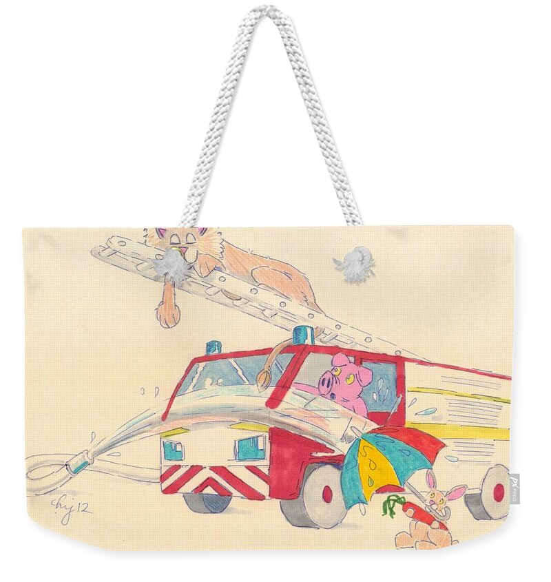 Red Weekender Tote Bag featuring the drawing Cartoon Fire Engine and Animals by Mike Jory