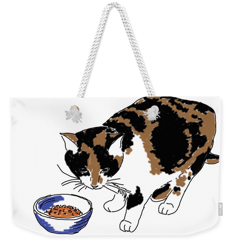  Weekender Tote Bag featuring the drawing Cat And Kibble by Daniel Reed