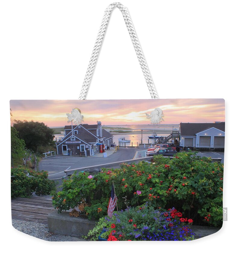 Chatham Weekender Tote Bag featuring the photograph Chatham Fish Pier Summer Flowers Cape Cod by John Burk