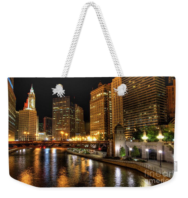 Wrigley Tower Weekender Tote Bag featuring the photograph Chiacgo downtown at night by Dejan Jovanovic