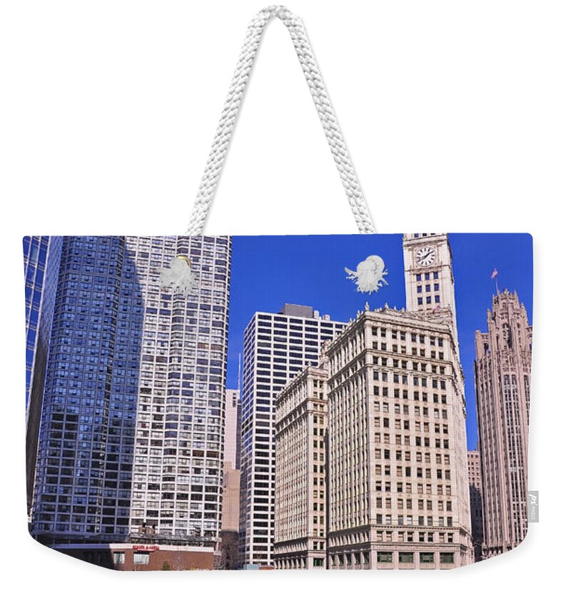 Wrigley Tower Chicago Weekender Tote Bag featuring the photograph Chicago Downtown by Dejan Jovanovic