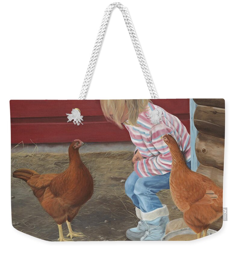 Girl And Chickens Weekender Tote Bag featuring the painting Chicken Talk by Tammy Taylor