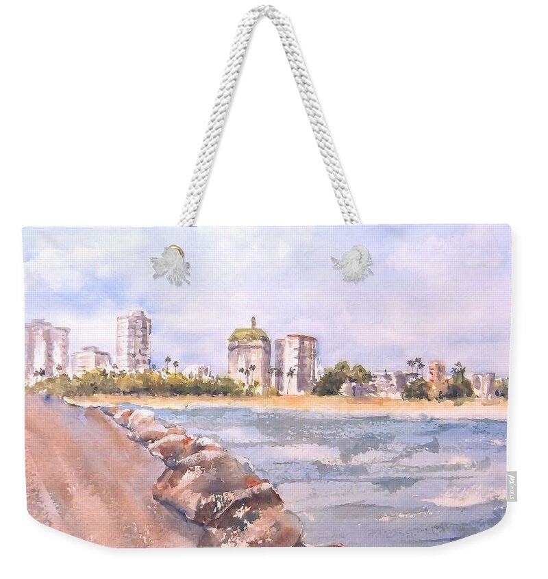 Downtown Long Beach Weekender Tote Bag featuring the painting Coastline Just East of Downtown Long Beach by Debbie Lewis
