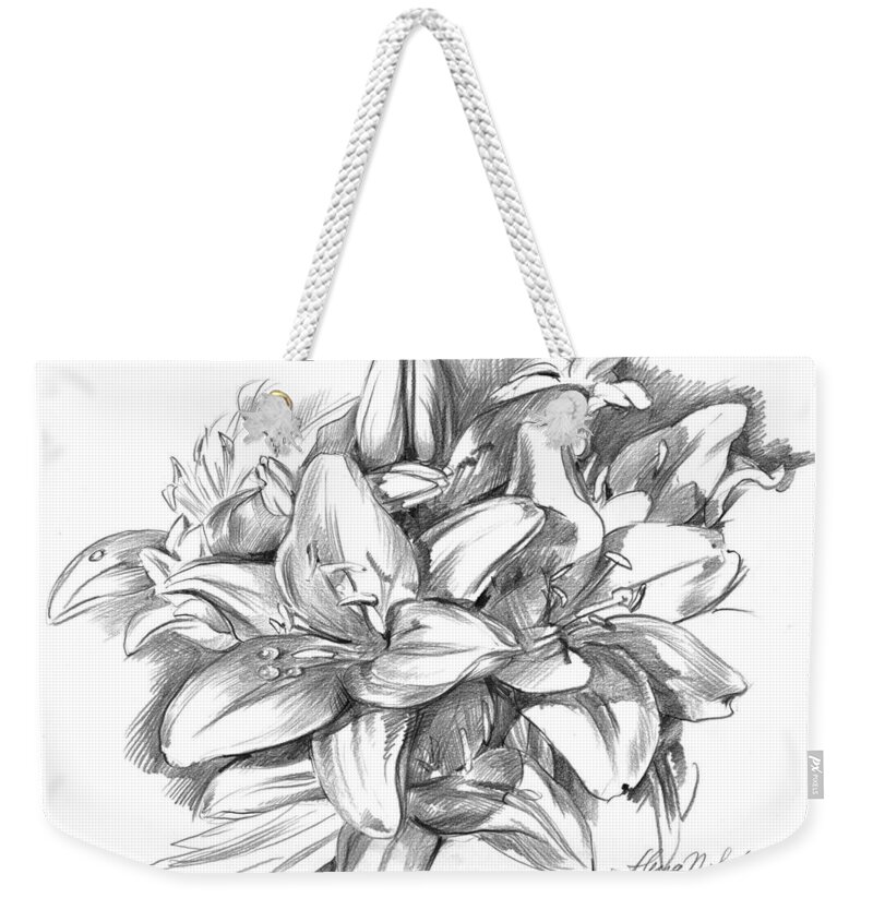 Lily Weekender Tote Bag featuring the drawing Conte pencil sketch of Lilies by Alena Nikifarava