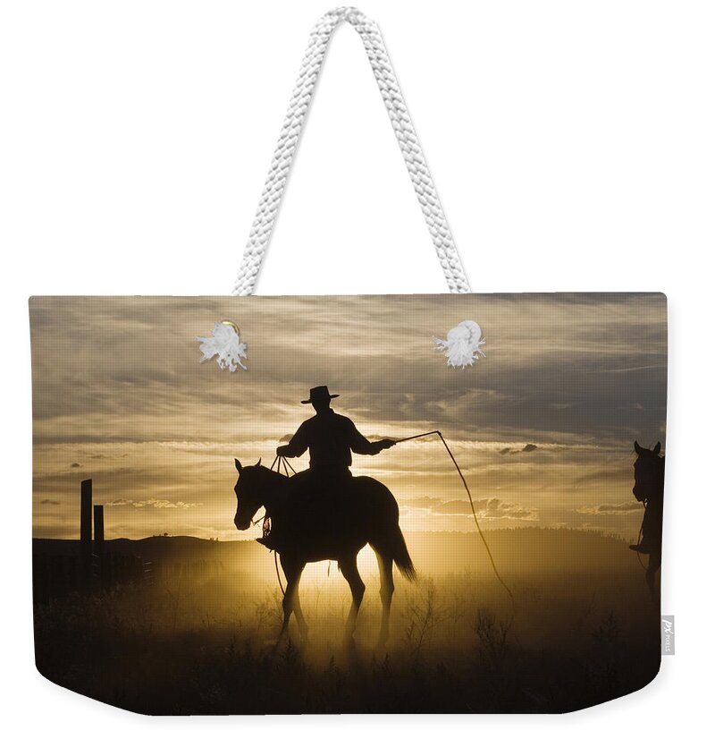 Mp Weekender Tote Bag featuring the photograph Cowboy On Domestic Horse Equus Caballus by Konrad Wothe