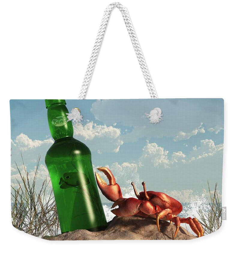 Sand Crab Weekender Tote Bag featuring the digital art Crab with Bottle on the Beach by Daniel Eskridge
