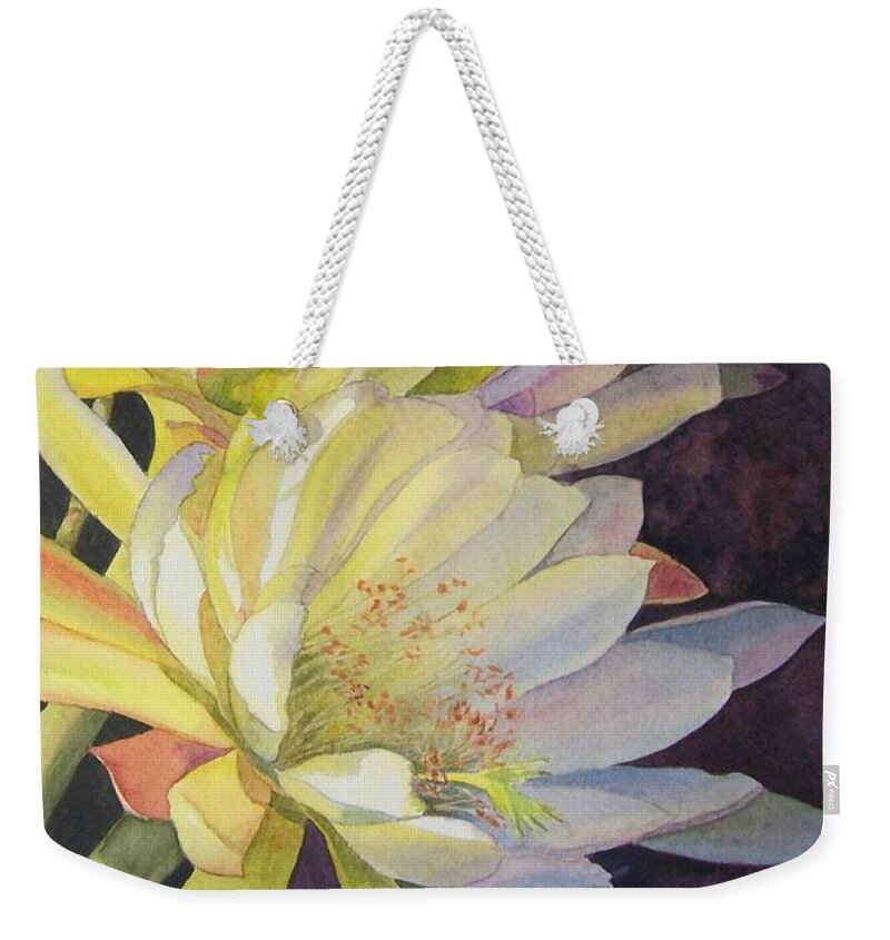Flower Weekender Tote Bag featuring the painting Cynthia's Cactus by Jan Lawnikanis